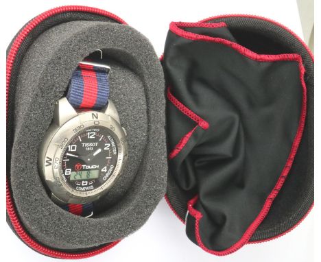 Tissot: Touch Smart wristwatch watch with gunmetal case, black dial, dual display, canvas strap, working at lotting. P&amp;P 