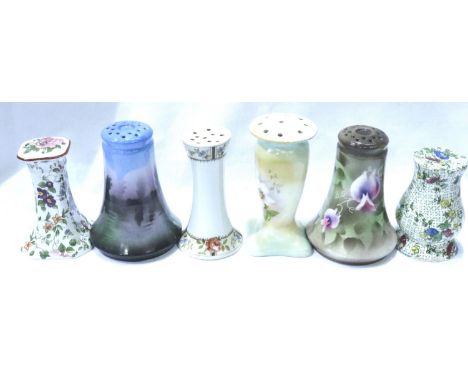 Six Victorian/Edwardian ceramic hatpin holder, tallest H: 12 cm. P&amp;P Group 2 (£18+VAT for the first lot and £3+VAT for su