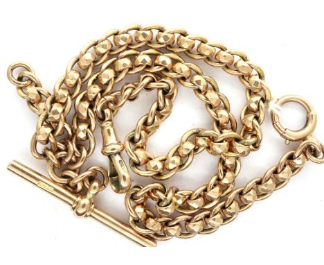 9ct gold double Albert watch chain with T-bar, 45.9g. Overall L: 40 cm, every alternate link marked 375/9, some marks rubbed.