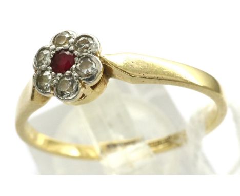 18ct gold and platinum, ruby and diamond set ring, size R, 2.2g. P&amp;P Group 1 (£14+VAT for the first lot and £1+VAT for su