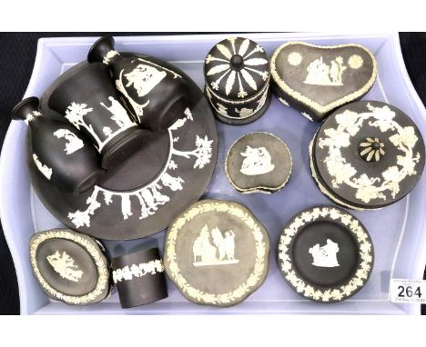 Twelve items of Wedgwood black Jasperware. P&amp;P Group 3 (£25+VAT for the first lot and £5+VAT for subsequent lots) 