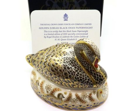 Boxed limited edition Royal Crown Derby, Golden Jubilee Black Swan paperweight, with gold stopper, no 38/2002, L: 13 cm. No c