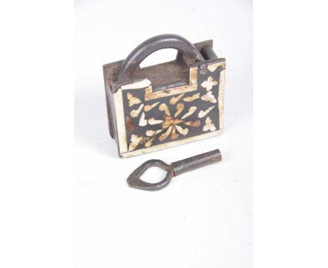 An 18th/19th Century inlaid bone and bronze padlock, possibly AfricanThe naively made lock applied with bone decorative panel