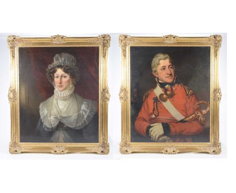 A pair of 18th / 19th Century half length portraitsDepicting a redcoat army officer in formal dress attire before a dark rura