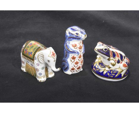 A collection Royal Crown Derby Imari pattern paperweightsComprising Infant Indian Elephant with gold button back stamp, Seate