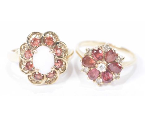 An opal and gem-set cluster ringTo a 9k gold shank, together with, a gem-set foliate cluster ring in 9k gold, weight combined