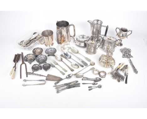 A quantity of EPNS, pewter and silver-plated itemsTo include various late 19th Century Broadhead & Co aesthetic period teawar