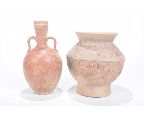Two items of ancient Cypriot potteryThe first a terracotta amphora with twin lug handles and bulbous body with good vibrant r