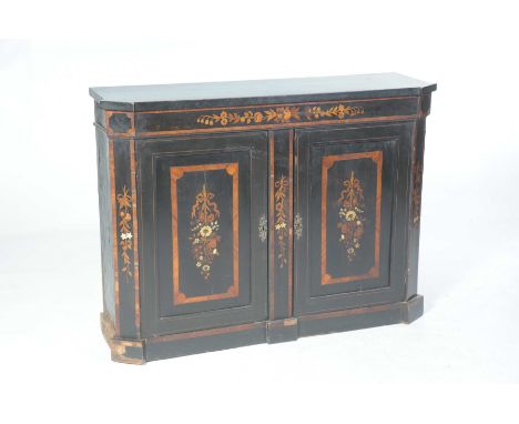 A Victorian ebonised side cabinetThe rectangular top with canted front corners above a frieze inlaid with trailing blooms and