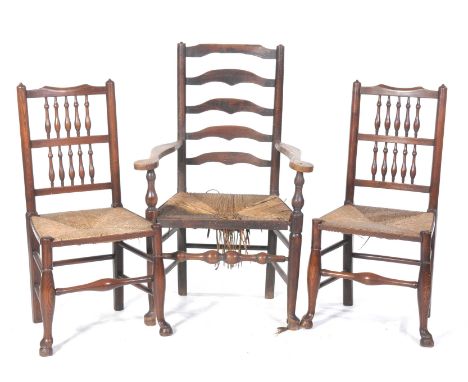 Three 18th and 19th Century rush seat chairsTo include a pair of spindle back chairs each with an envelope rush seat and a la