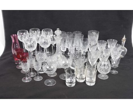 Two trays of assorted table glass wareTo include eight cut glass wines, Edwardian glass ware, Champagne flutes, cut glass tan