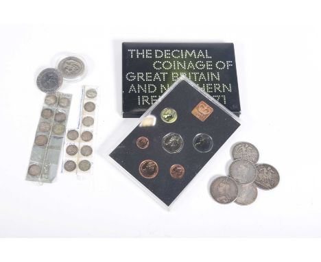 Five Queen Victoria silver crownsDates to include 1887, 1889 (2), 1890 and 1892, further silver threepences, 1971 proof set e