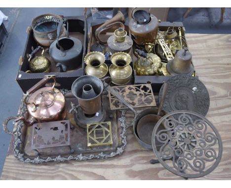 A collection of Copper and BrassTo include 19th Centuary embossed bronze plaque, Victorian copper kettles ,bronze ships bell,