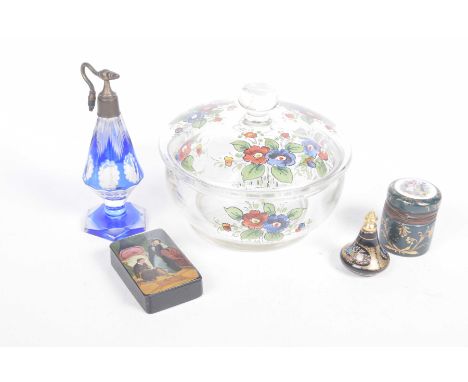 A mixed collection of itemsTo include a French blue glass overlay scent bottle, circa 1910, a Limoges style porcelain lidded 
