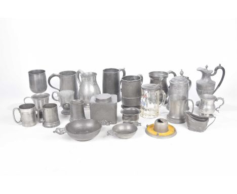 A collection of 19th Century and later pewter wareTo include two double handled porringer bowls, a lidded tankard, a square s
