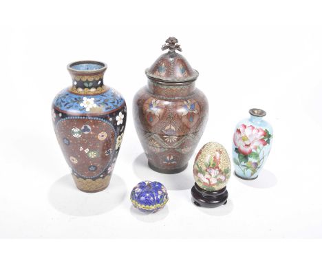 A collection of Chinese and Japanese cloisonne items To include and Chinese lidded vase and cover, a Japanese ovoid form vase