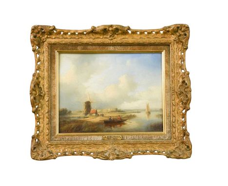Andreas Schelfhout (Dutch, 1787-1870) An estuary scene with a windmill, boats and figuressigned 'A Schelfhout' (lower right)o