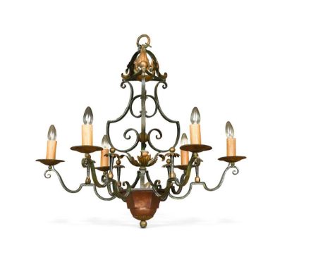 A French wrought iron six light chandelier, early 20th century, black and gilt painted, decorated with foliate scrolls and fl