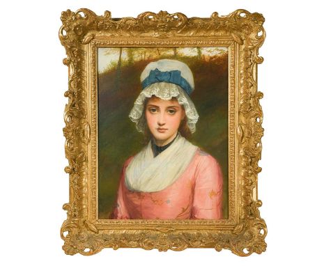 Charles Sillem Lidderdale RBA (British, 1831-1895) Portrait of a young country woman in a pink dress and white bonnet, tradit