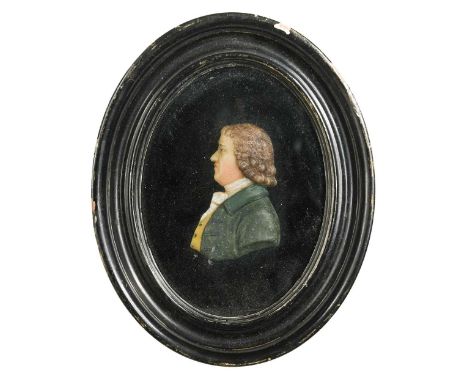 Samuel Percy (Irish, 1750-1820) a wax profile portrait of a gentleman in a green jacket, inscribed 'George II' verso13 x 9.5c