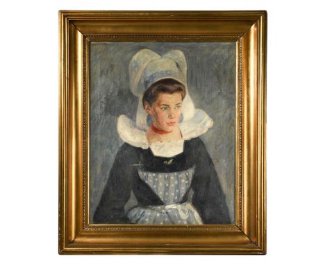 Danish School (19th-20th century) A half-length portrait of a young lady in a white headdresssigned indistinctly (lower left)
