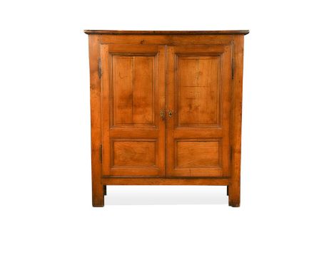 A French provincial fruitwood cupboard, 19th century, with a pair of rectangular panelled doors enclosing shelves, on stile f
