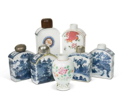 A group of seven Chinese export porcelain tea caddies, Qing Dynasty, circa 1750-1800, six of round shouldered form with blue 