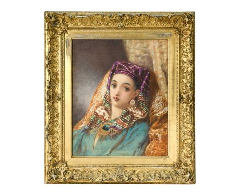 Attributed to Arthur James Lewis (British, 1824–1901) Portrait of an young girl in orientalist peacock headdresssigned and da