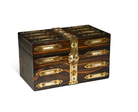 A Victorian Coromandel and Satinwood tea caddy, bound with armorial brass and mother of pearl plaques, domed satinwood and zi