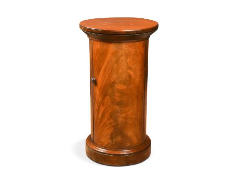 A Victorian flame mahogany cylindrical bedside cupboard/pedestal, the flared top above a well-figured flame mahogany door ope
