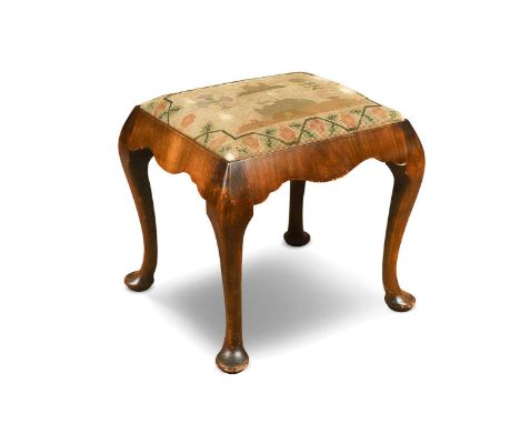 A George II style walnut stool with tapestry seat, 19th century,  the drop in seat decorated with a cat and flowers above a M
