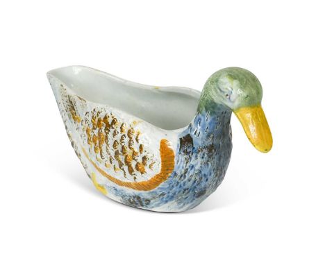 A Prattware sauceboat in the form of a duck, circa 1800, 17cm widein good condition, minor abrasion to the base consistent wi