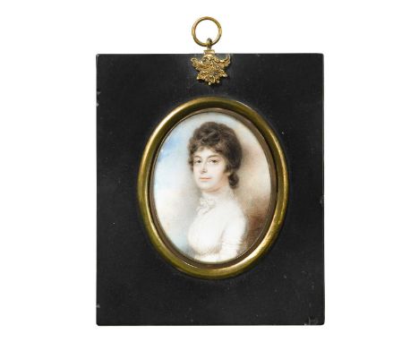 Circle of William Wood (British, 1769-1810) Portrait of a lady in a white dressthe reverse inset with plaited hairwatercolour
