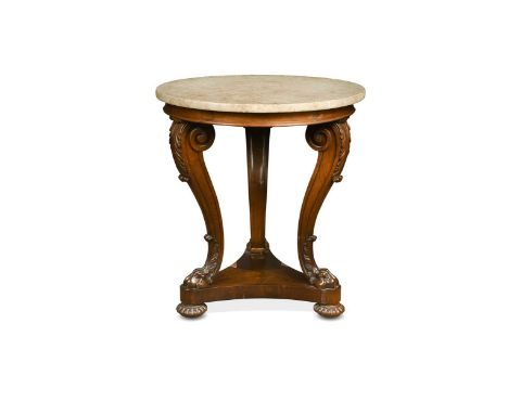 A marble topped rosewood centre table, 19th century, the circular marble top on three acanthus capped cabriole supports with 
