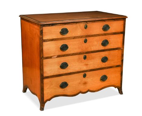 A late George III satinwood and rosewood crossbanded secretaire chest, the top drawer fitted with green baize writing surface