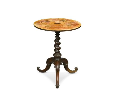 A specimen top tripod table, 19th century and later, the associated circular top inlaid with various stones in a geometric de