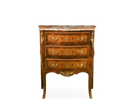 A Louis XV style kingwood and marquetry commode, of serpentine form, with red and white marble top above three long drawers d