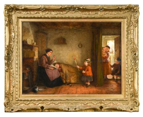 George Hardy (British, 1822-1909) 'Hush', a small girl in red trying to cheer her sick sister with a puppetsigned 'Geo. Hardy