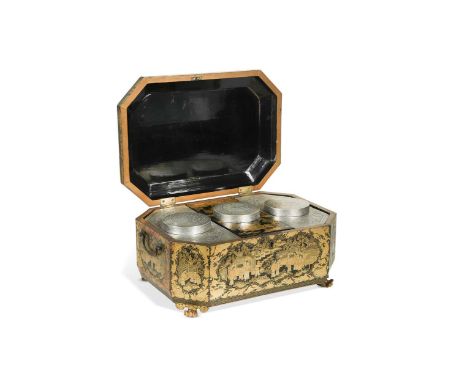 A Chinese export lacquer tea caddy, Qing Dynasty mid 19th century, of octagonal shape with carrying handles, the lid and side