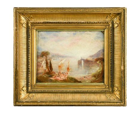 Circle of Joseph Mallord William Turner RA (British, 1775-1851) Figures in an Italian landscape before a lakeoil on board30 x