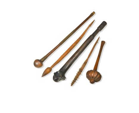 A group of tribal clubs and a knife, 19th century or earlier, comprising: A Kiribati (Gilbert &amp; Ellice Islands) shark too
