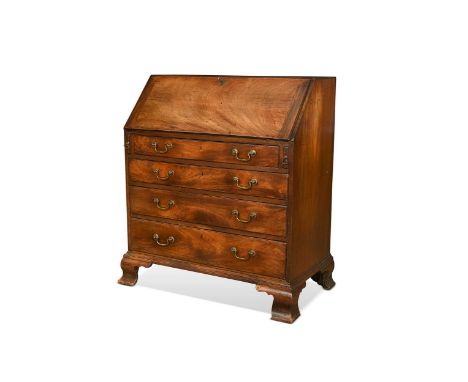 A George II mahogany bureau, the fall front revealing a fitted interior centred by a cupboard having four graduated long draw