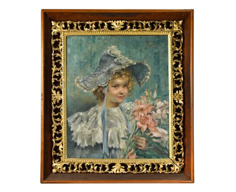 § Fernand Toussaint (Belgian, 1873-1955) Portrait of a girl holding flowerssigned 'FToussaint' and dated 'Aout [18]90'oil on 
