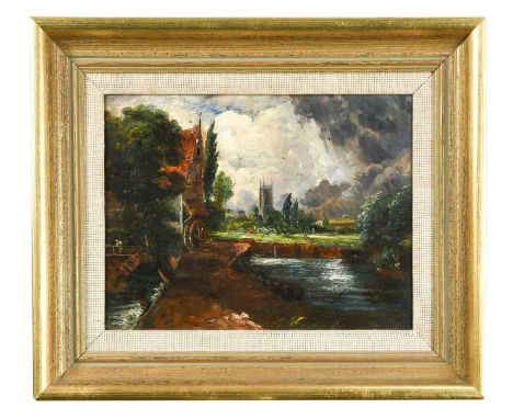 Follower of John Constable 'Watermill and Church, Dedham, Rain Storm Passing'titled verso and further inscribed 'By John Cons