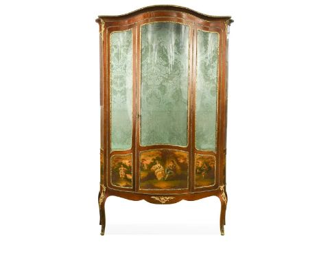 A French kingwood and painted vitrine, circa 1900, of arched shape with gilt metal mounts and moulded glass panels, incorpora
