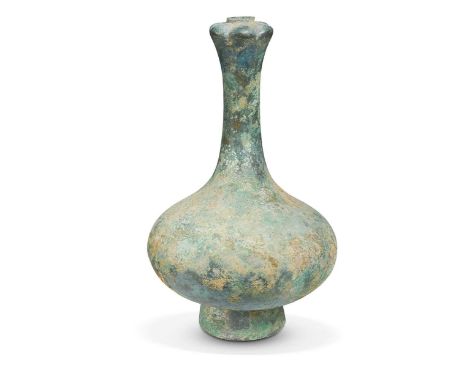 A Chinese bronze garlic head vase, possibly Han Dynasty, with attractive patination and encrustation37cm high2kgscomplex pati