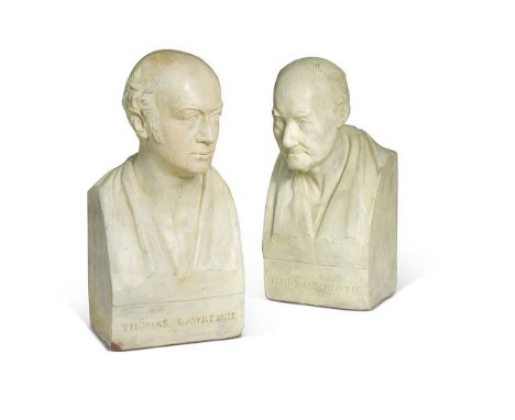 After Samuel Joseph (1791-1850), a pair of painted terracotta library busts, 19th century, modelled as Sir Thomas Lawrence (1