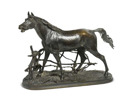 After Pierre-Jules Mene (1810-1879), Djinn Etalon Barbe, a bronze study of a stallion modelled standing next to a rustic fenc