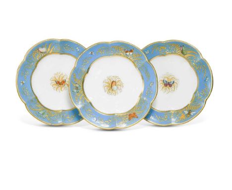 A set of eight English porcelain plates, 19th century, of scallop shape, the centres painted with butterflies, within blue gr