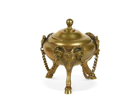 A small bronze censer and cover in the Adam style, decorated with rams head masks united by hanging chains on three hoof feet
